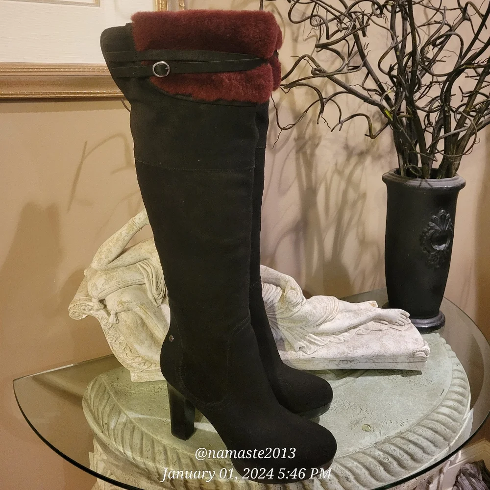Ugg Ophira Suede Over The Knee Boots Lamb Fur Cuff Designer Heeled Boot #680
